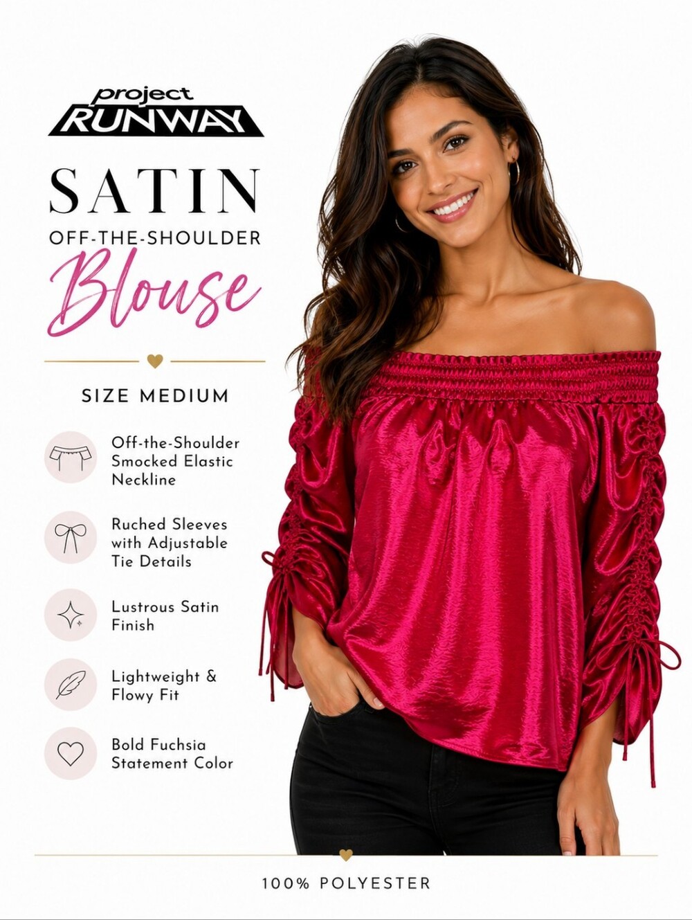 Project Runway Fuchsia Satin Off-the-Shoulder Blouse - Size Medium